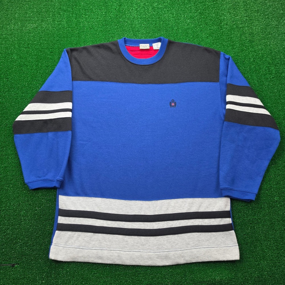 Vintage 90s Bugle Boy Company Striped Colorblock Fleece Sweatshirt Mens Large
